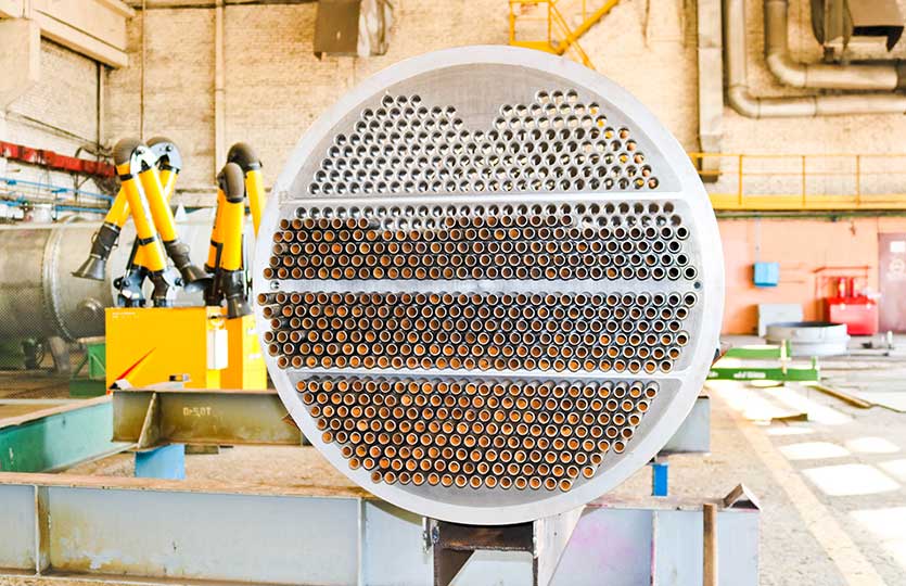 Production of a large tube bundle for a shell-and-tube heat exchanger in an industrial production room of a shop with equipment at an oil refinery, petrochemical, chemical plant, enterprise